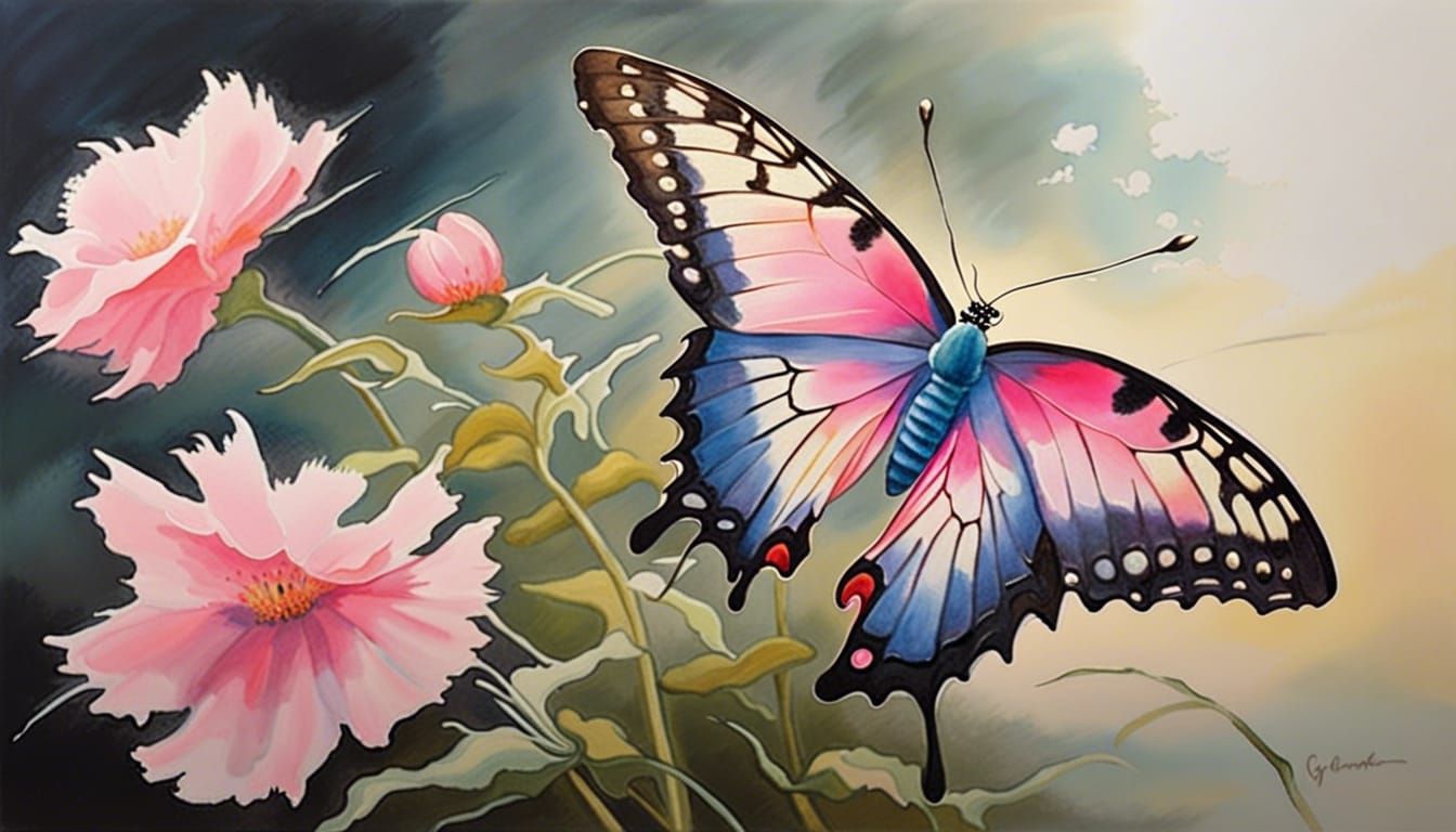 Butterflies and Flower in Gouache Style