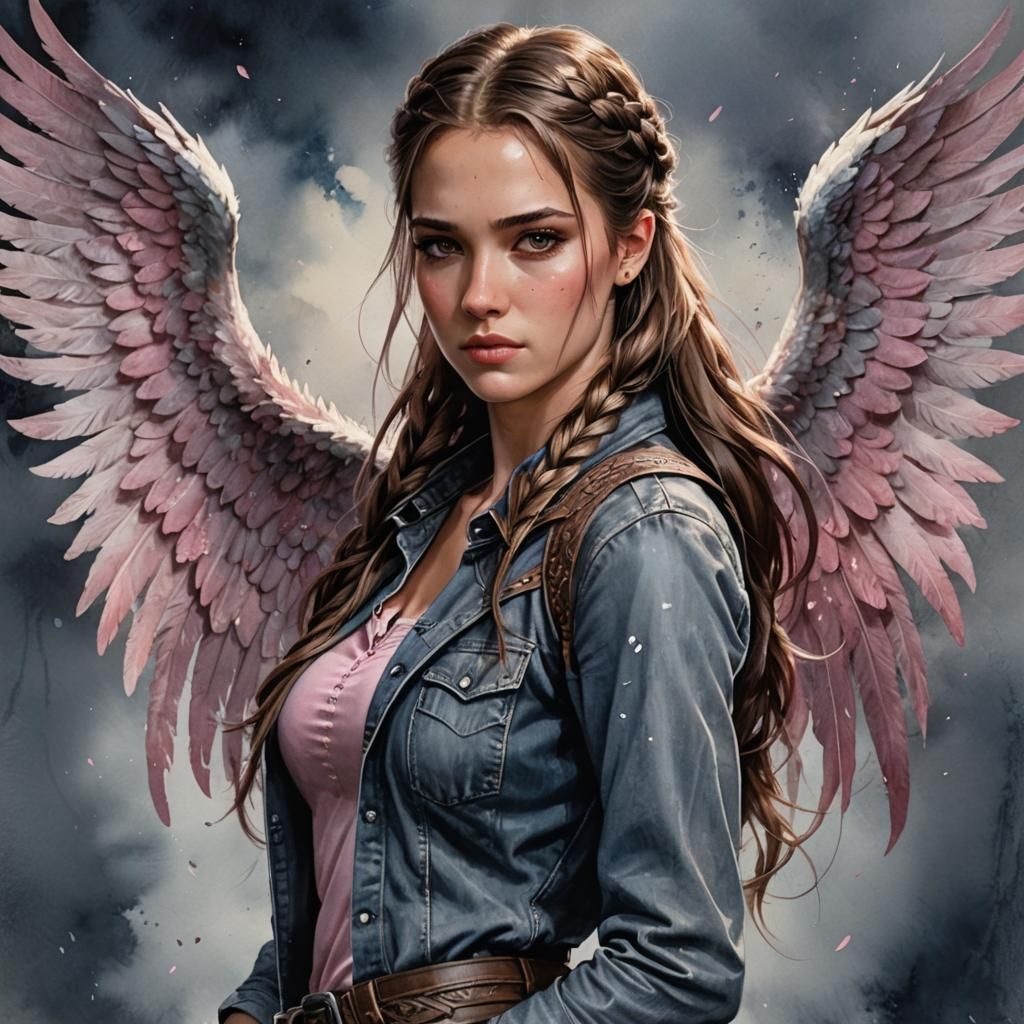 Fantasy Woman with Angel Wings, Watercolor Art