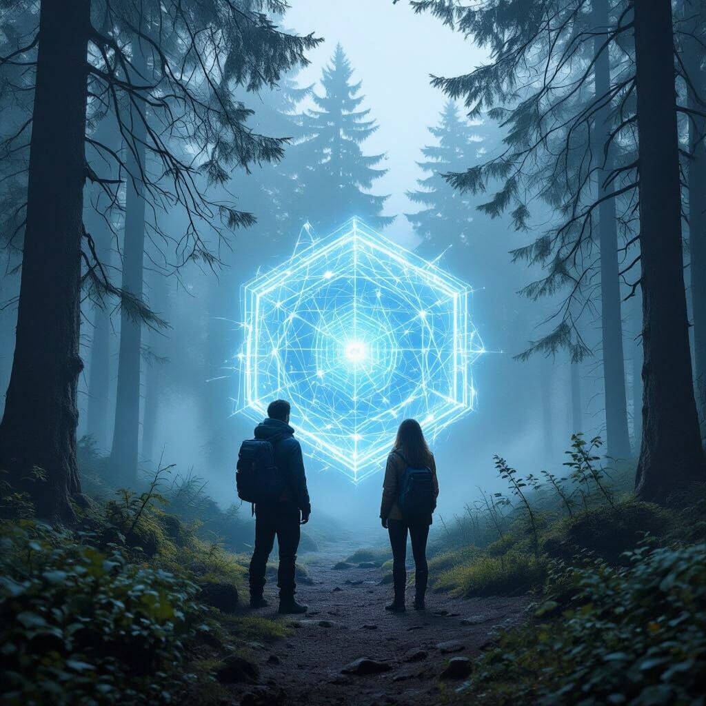 Couple Gazes at Glowing AI Portal in Misty Black Forest