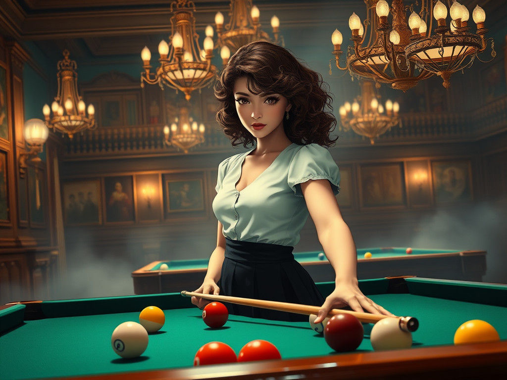 Girl Playing Billiards in Vintage Manga Style