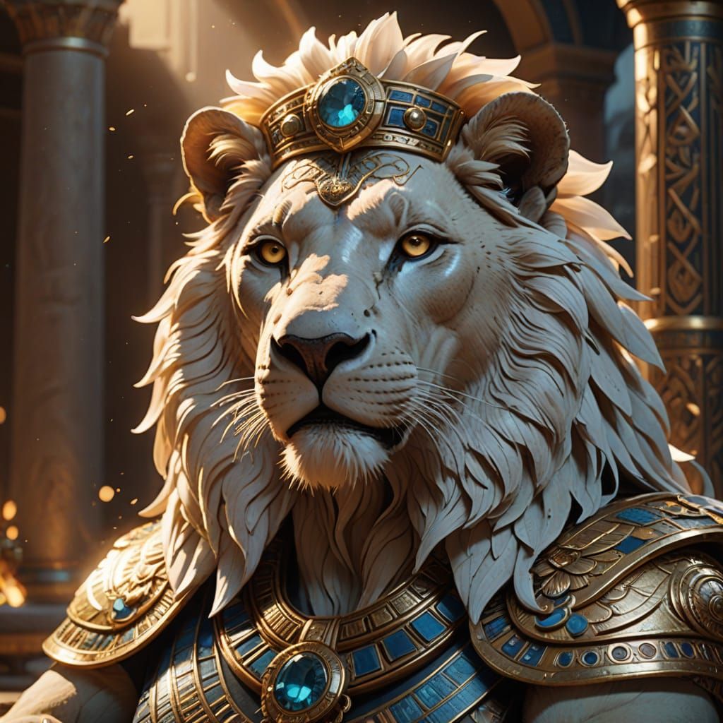 Cleopatra, Elegant Queen, Surrounded by a Majestic White Lio...