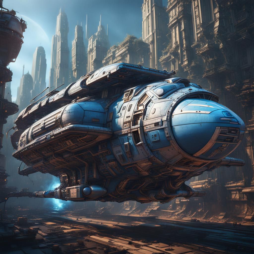 City-Transporting Spaceship in Blueprint Style