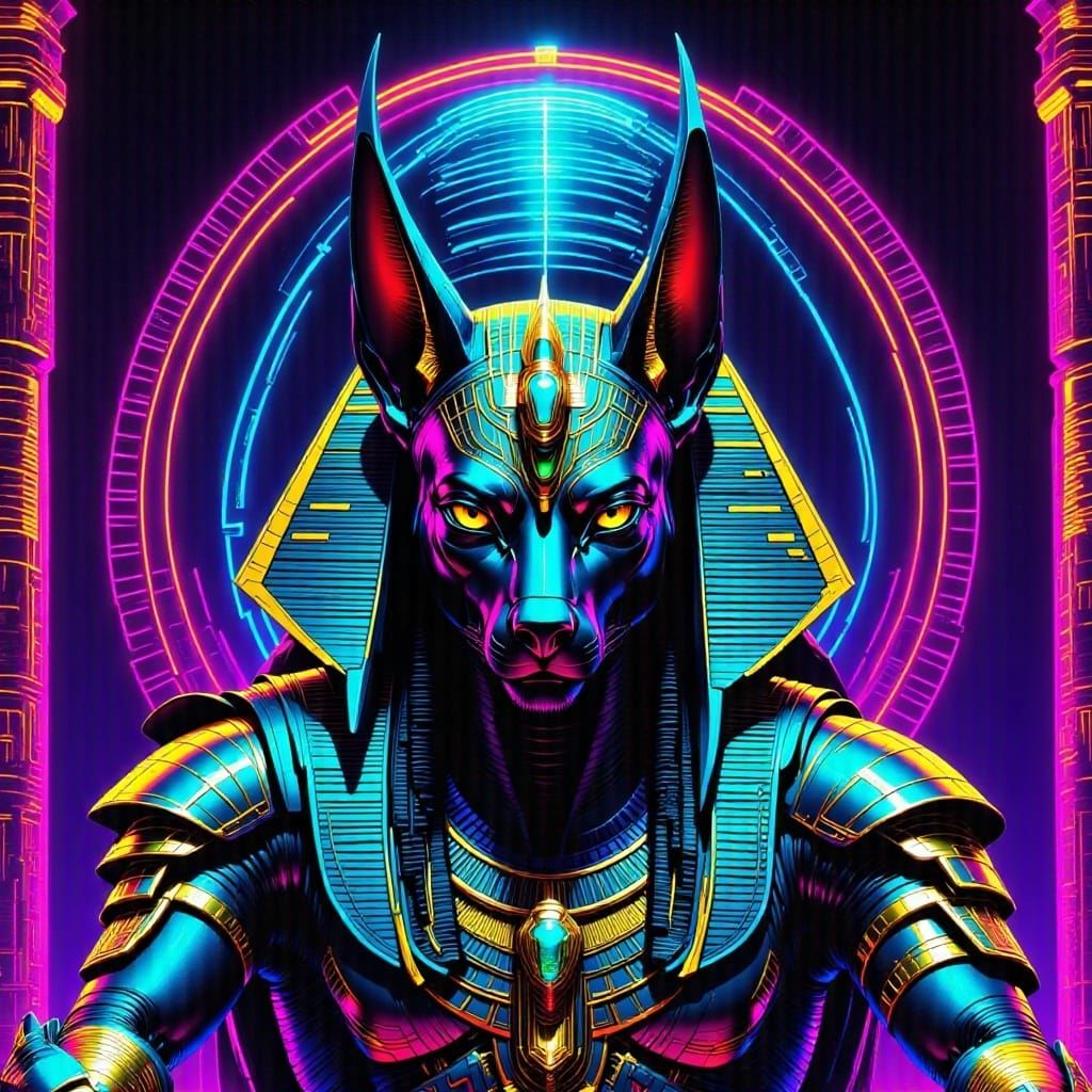 neon synthwave detailed digital art cel-shaded HDR <lora:Egypt Synth Flux:1.3> Anubis ascending the holy throne. digital...