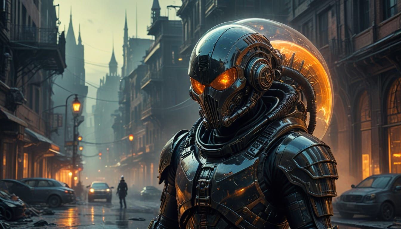 Glorious Armed Policeman Throws Flowers in a Futuristic City...