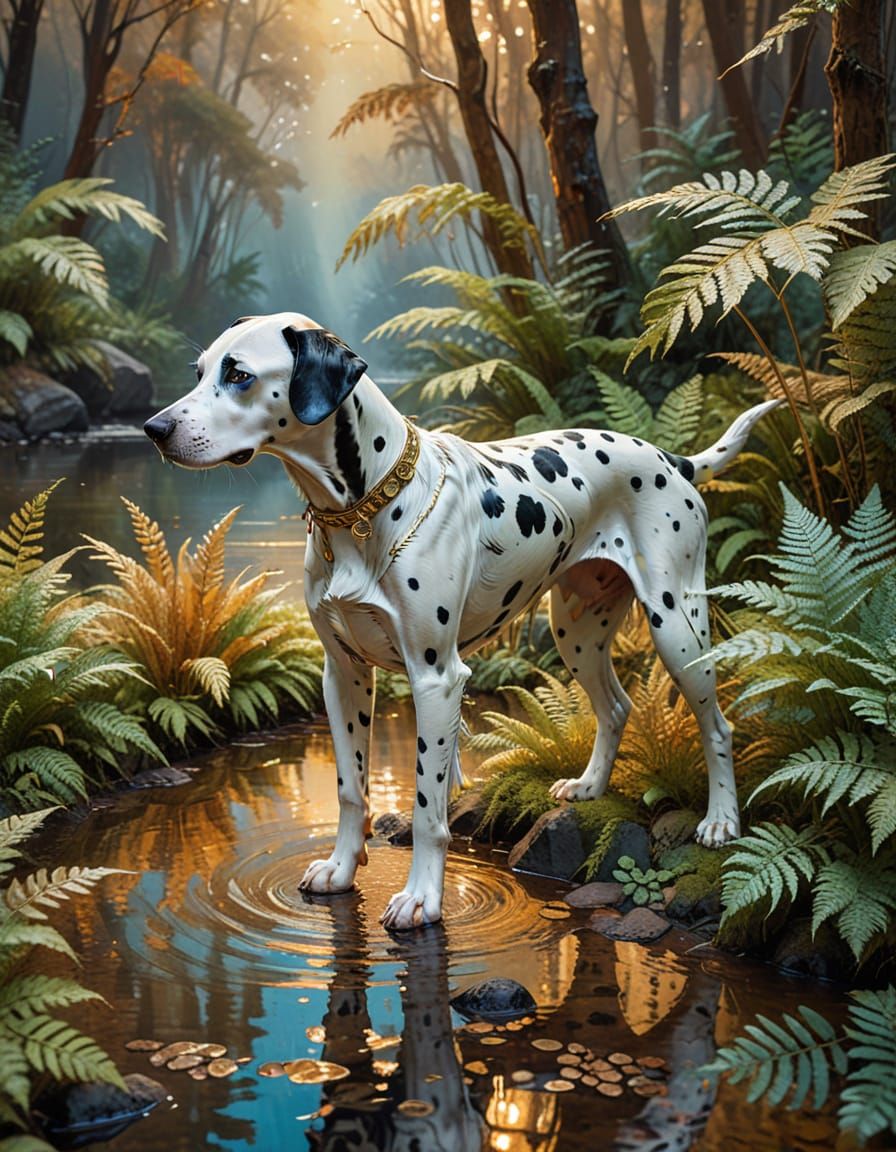 Dalmatian Dog Grazing in Jurassic Forest as Impasto Painting