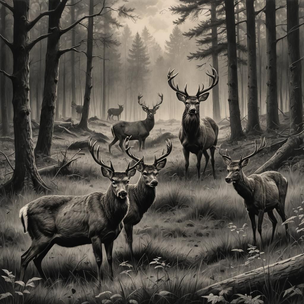 Detailed Charcoal Drawing of Deer in Field