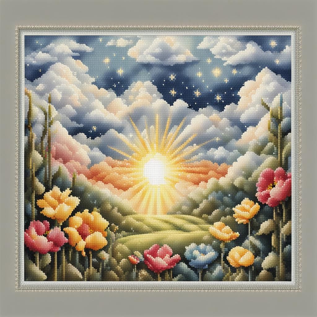Cross Stitch: Heavenly Sunshine Through Clouds