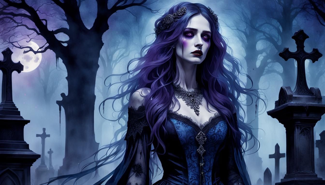 Eerie Necromancer Girl in Cemetery, Gothic Art Style