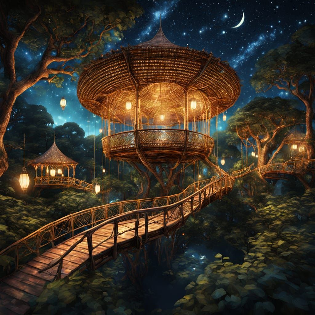 Ethereal Wicker Pavilion in Treetops: Fantasy Concept Art