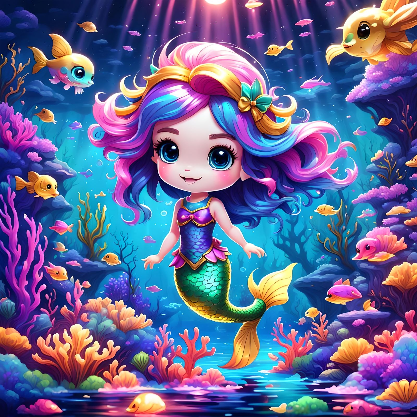 Chibi Mermaid Swimming in Night Ocean, Lisa Frank Style