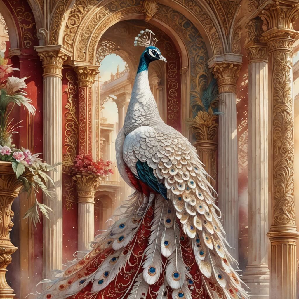 Majestic White Peacock in Opulent Watercolour Style