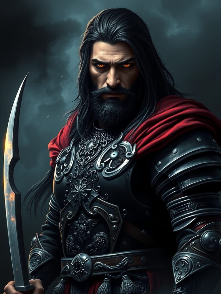 Majestic Iranian Warrior in Dark, Ominous Glow