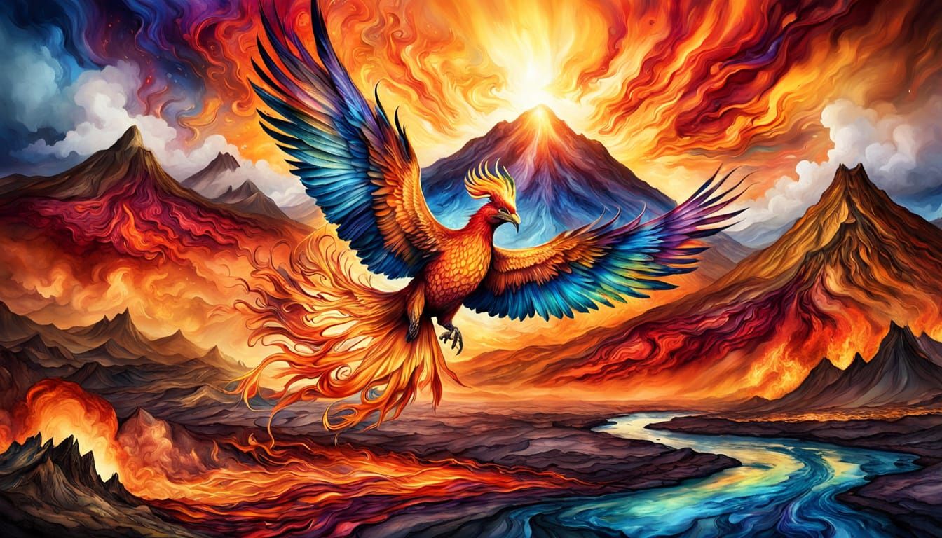 Phoenix Soars Above Volcano in Alcohol Ink Style