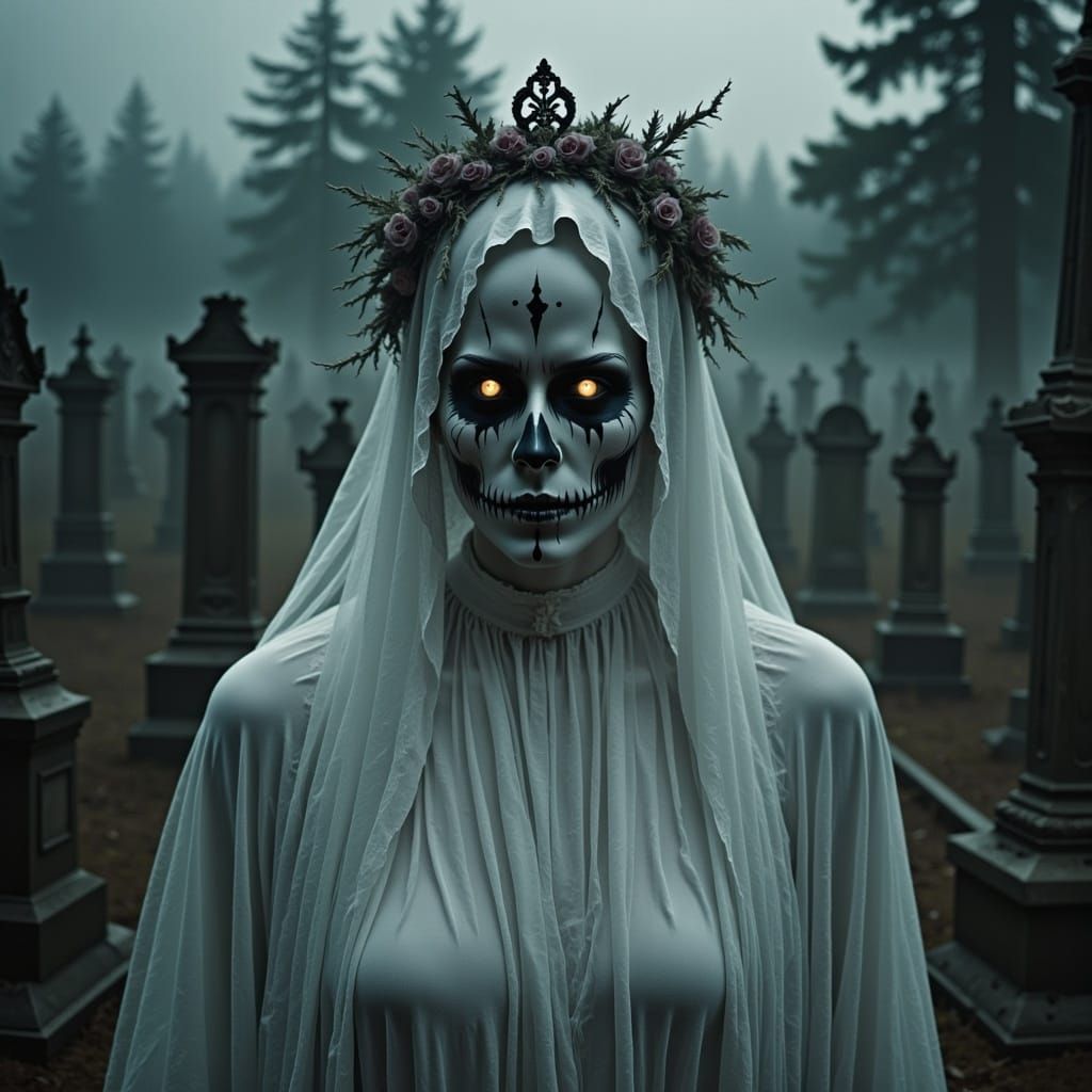 Ethereal Ghost Bride in Cemetery Scene