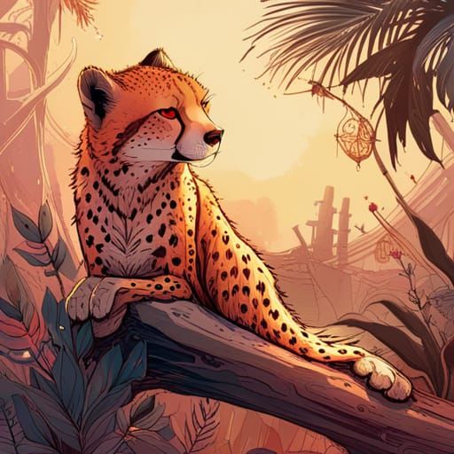 Luminous Cheetah with Golden Outlines in Digital Painting