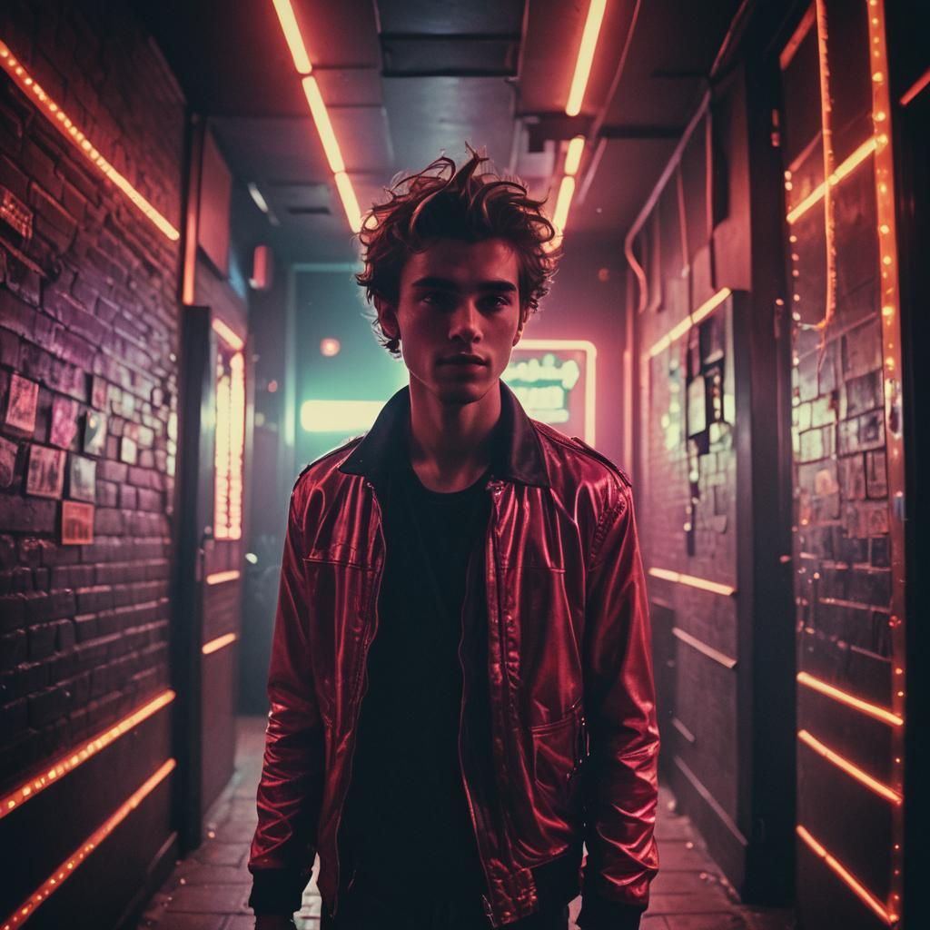 Young Man Enters Vibrant Nightclub: Cinematic Film Still