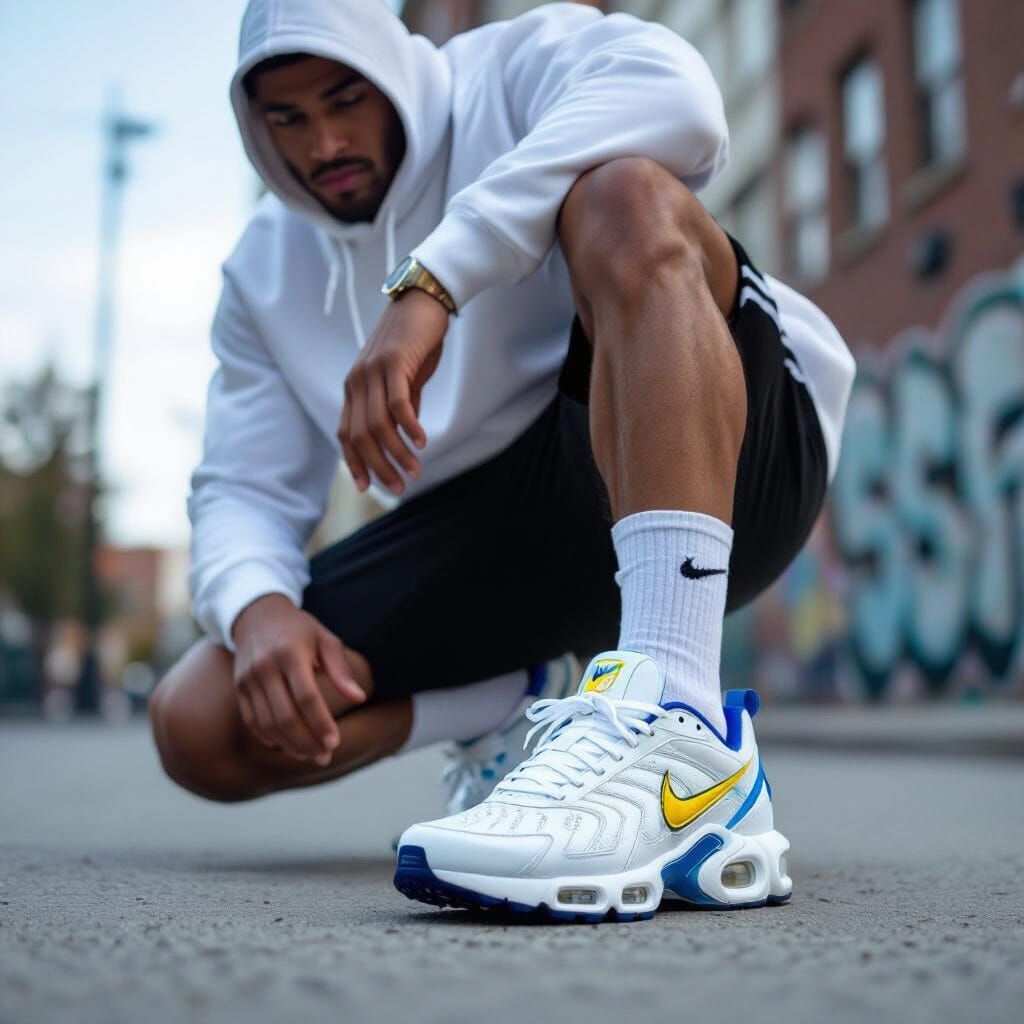 Muscular Man Modeling White Nike Sneakers in Fashion Shoot