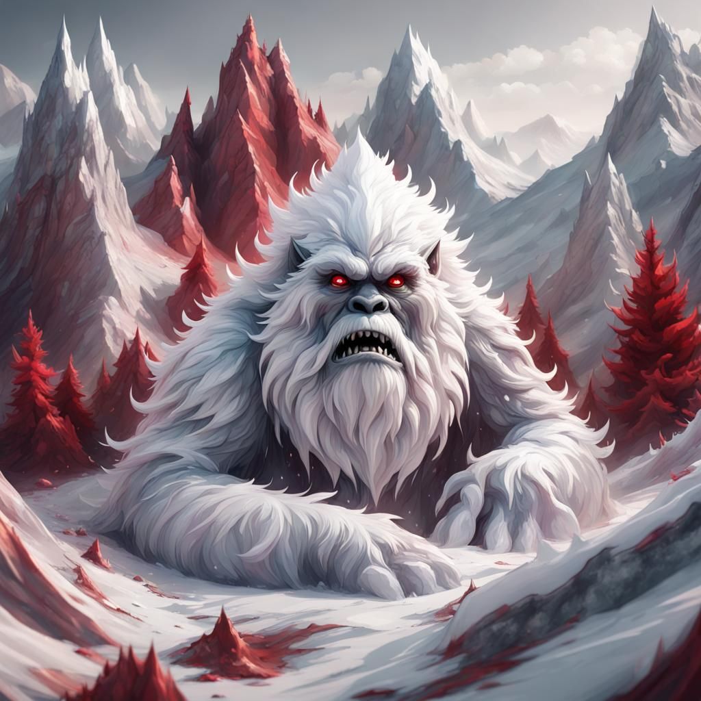 Crimson+snow top mountains; silver frost colored yeti massive mystic.
lyrical abstraction, storybook illustration, resi...