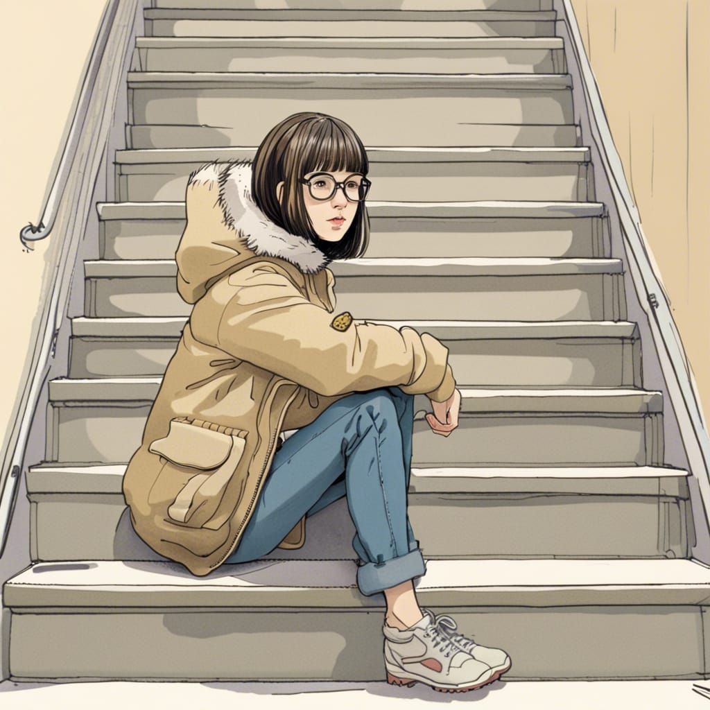 Girl with Bowl Cut Sitting on Stairs: Kim Jung Gi Style