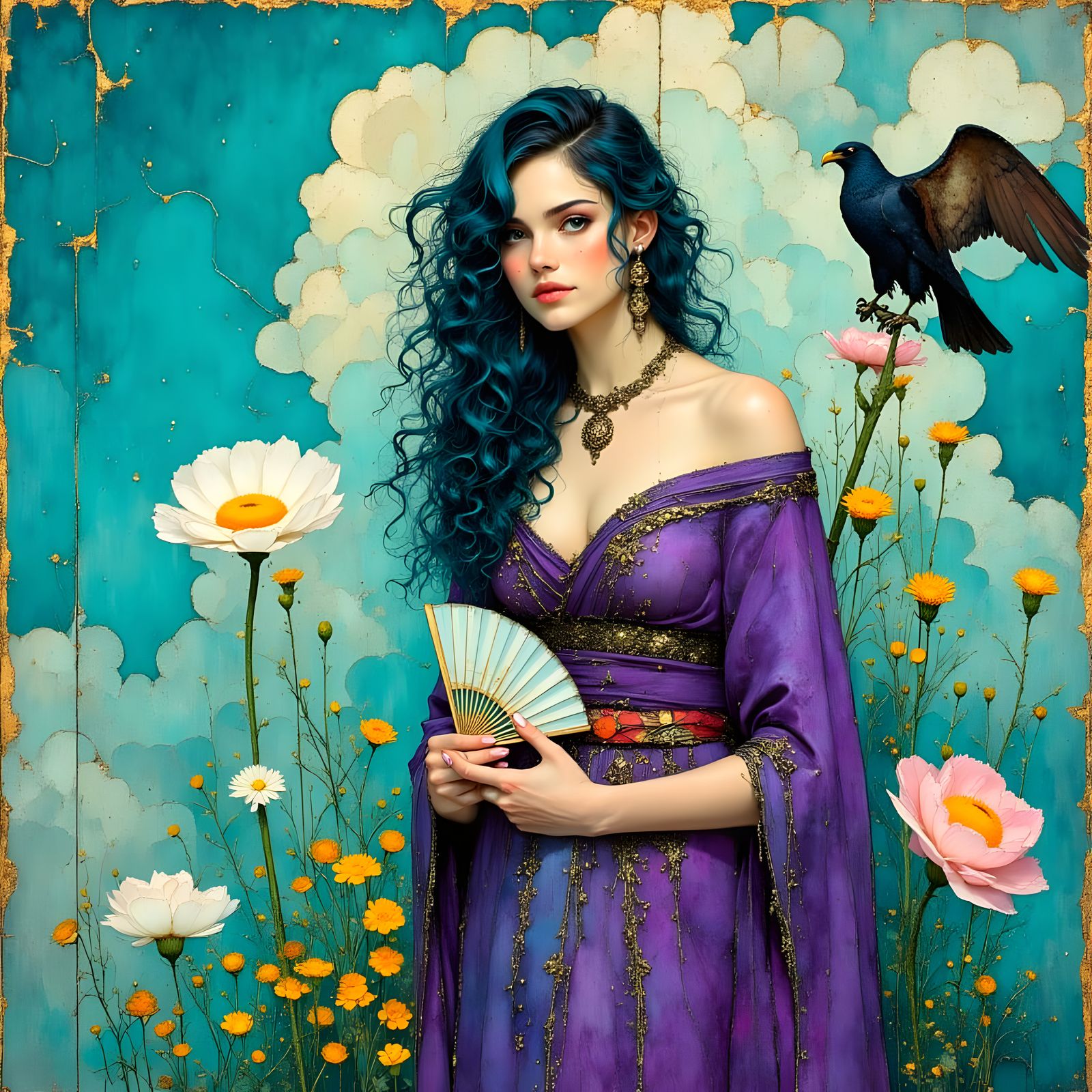 Hippie Woman with Sea Eagle in Art Nouveau Style