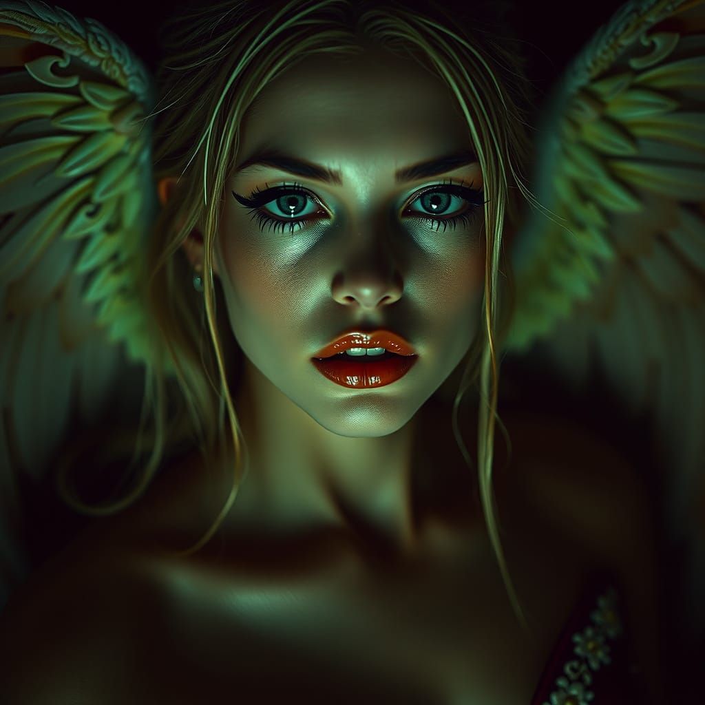 Dark Angel's Eerie 1950s Portrait in Cyberpunk Style