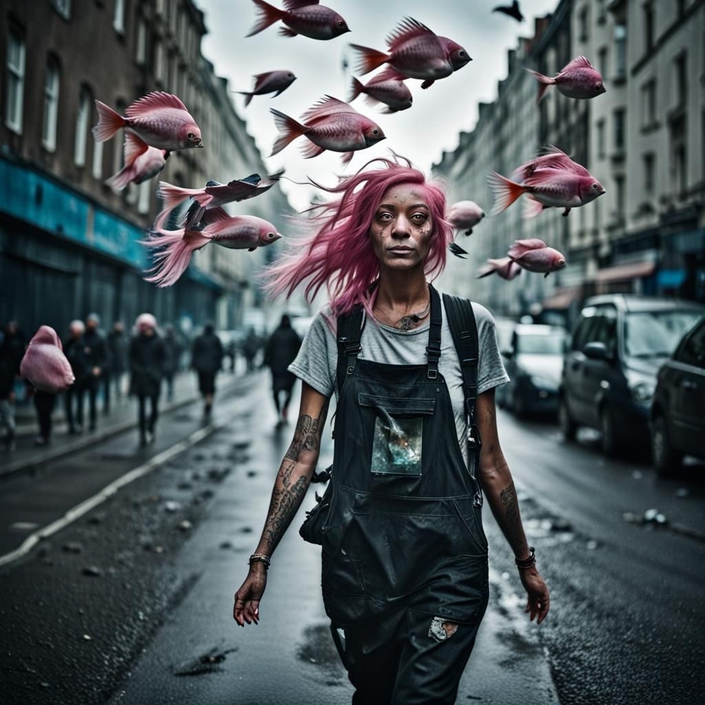 Girl with Aquarium of Eyes in Cityscape