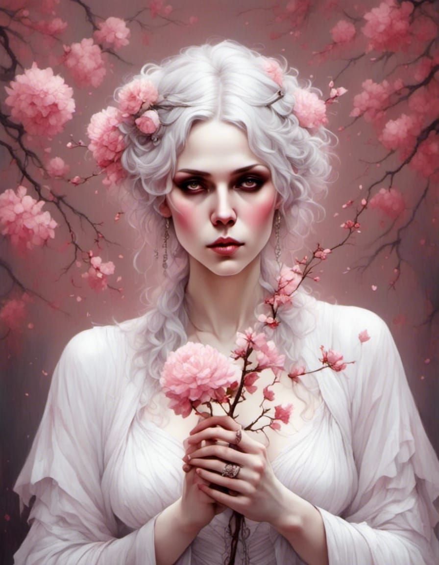 Grandmother with Sakura Branch: Detailed Portrait Photograph...