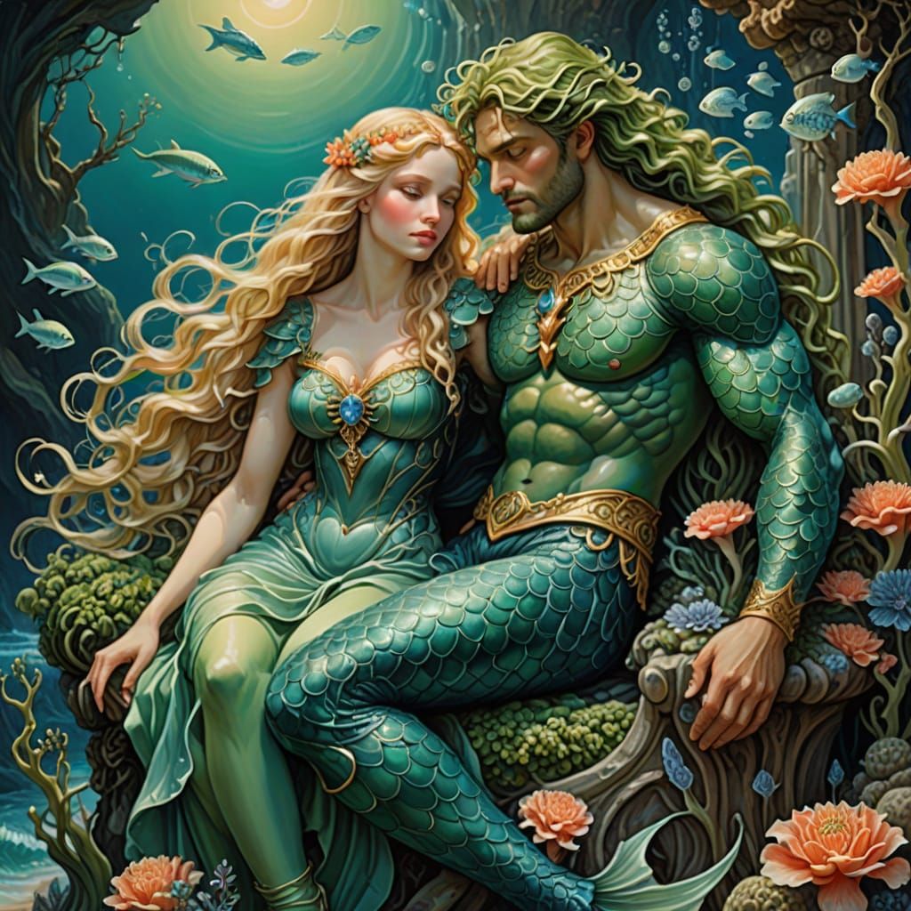 Merman and Woman on Coral Throne in Pre-Raphaelite Style