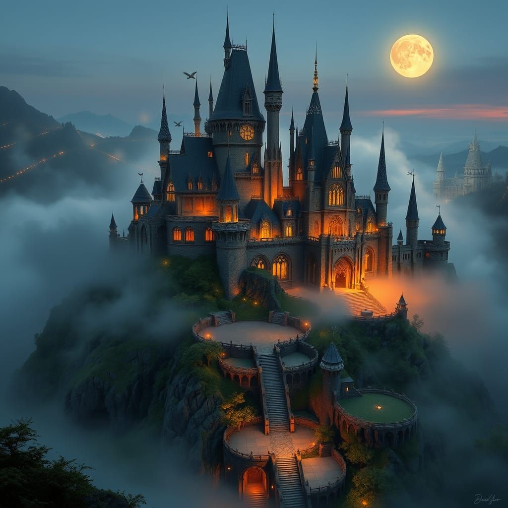 Mystical Castle Shrouded in Twilight Mist