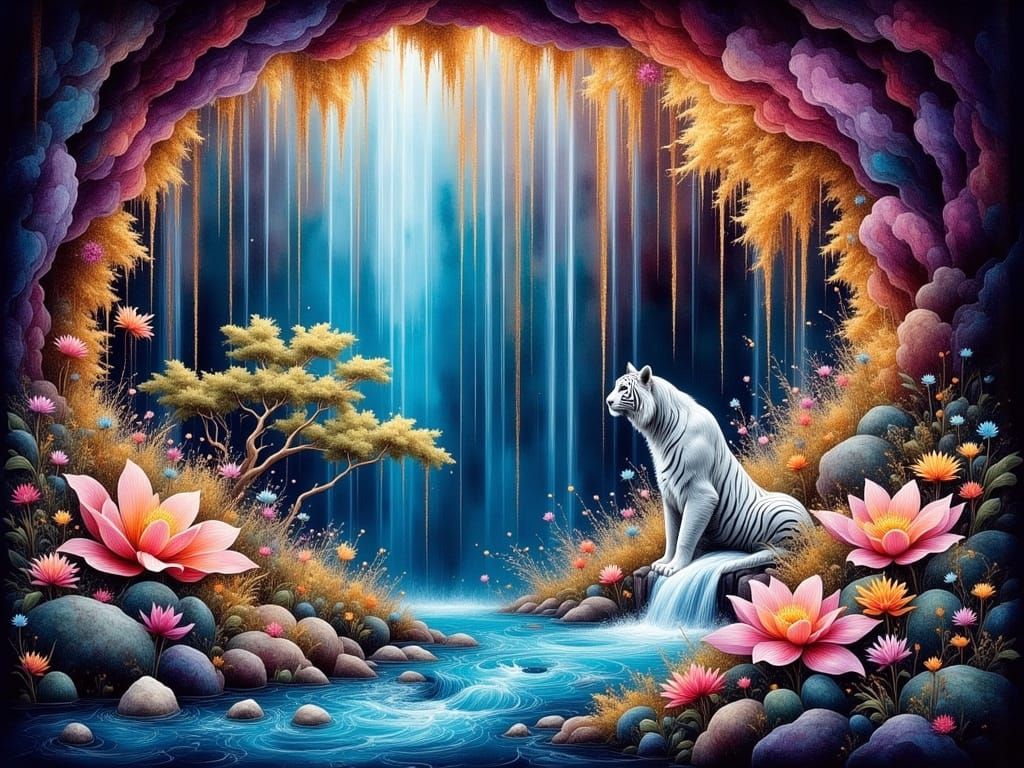 Ethereal Watercolor of a Bioluminescent Cave with a Majestic...