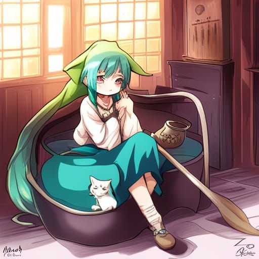 Cute Teal-Haired Witch with Cat in Anime Style