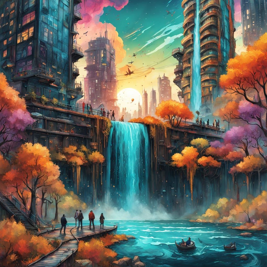 Cyberpunk Waterfall: Nature Meets Technology in Digital Art