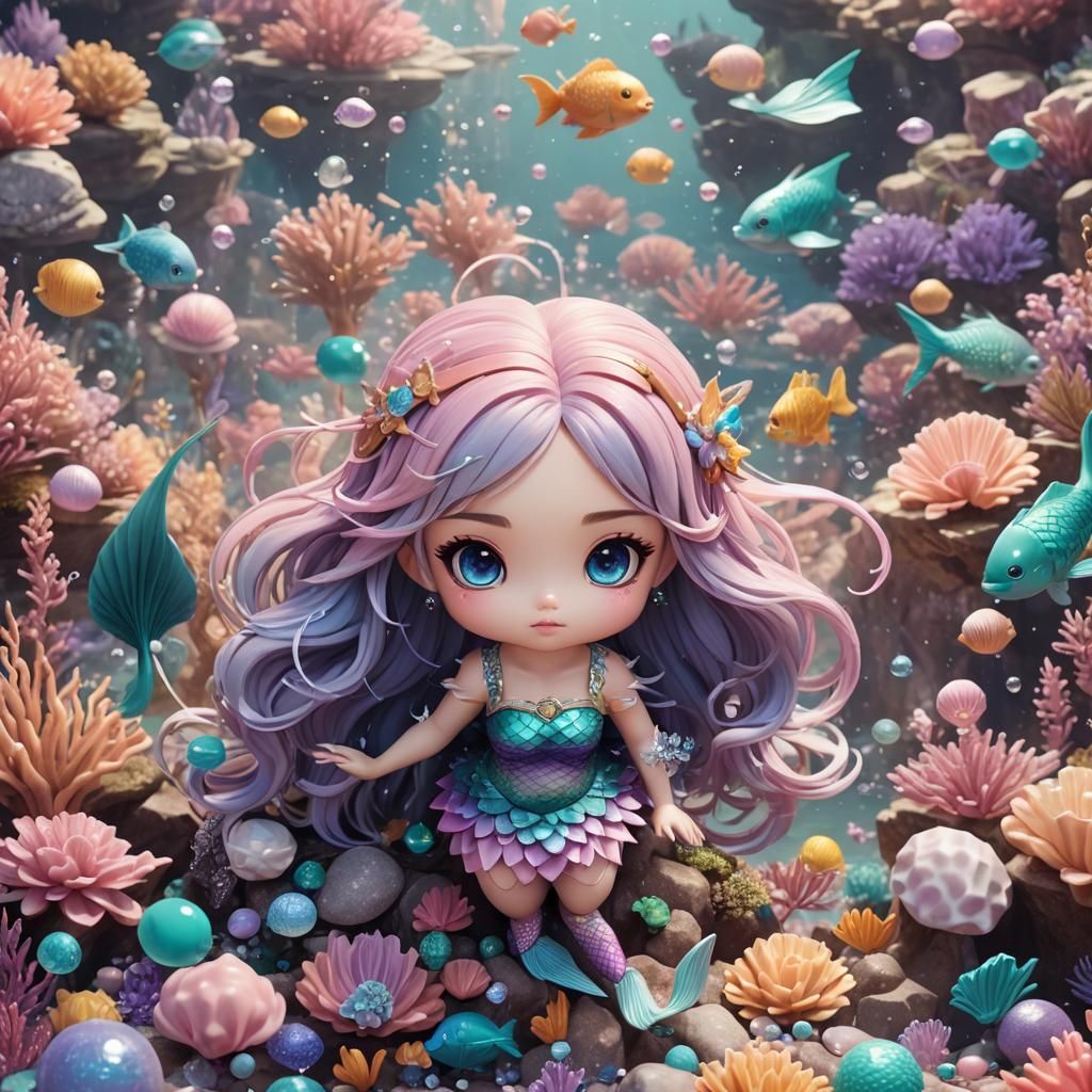 3d cute little chibi anime girl mermaid pastel glittery