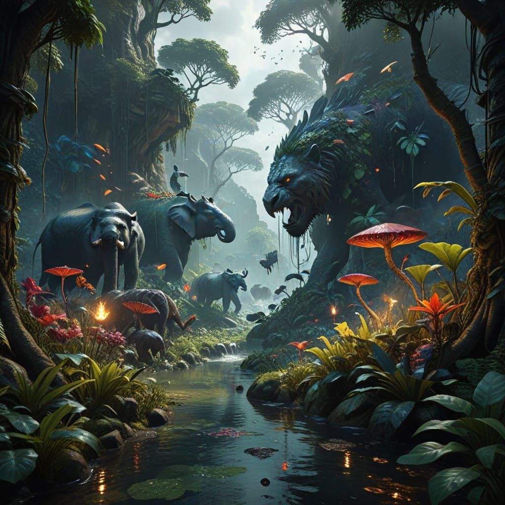 Vibrant Jungle Fantasy in Hyper-Realistic Detail