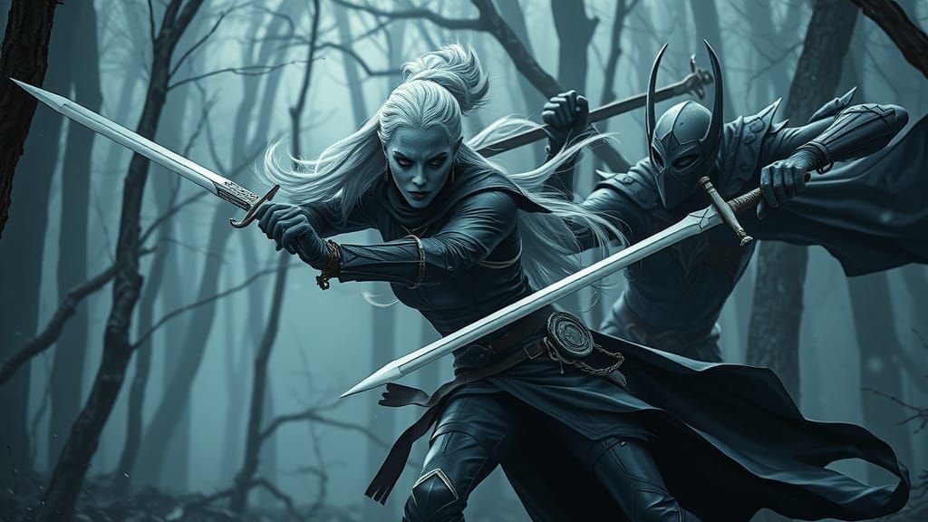 Dark Fantasy Warrior Confrontation in Ancient Forest