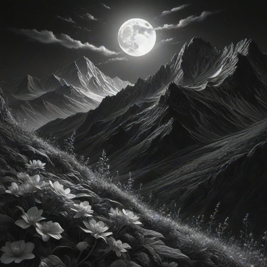 Moonlit Mountain Landscape in Charcoal with Golden Glow