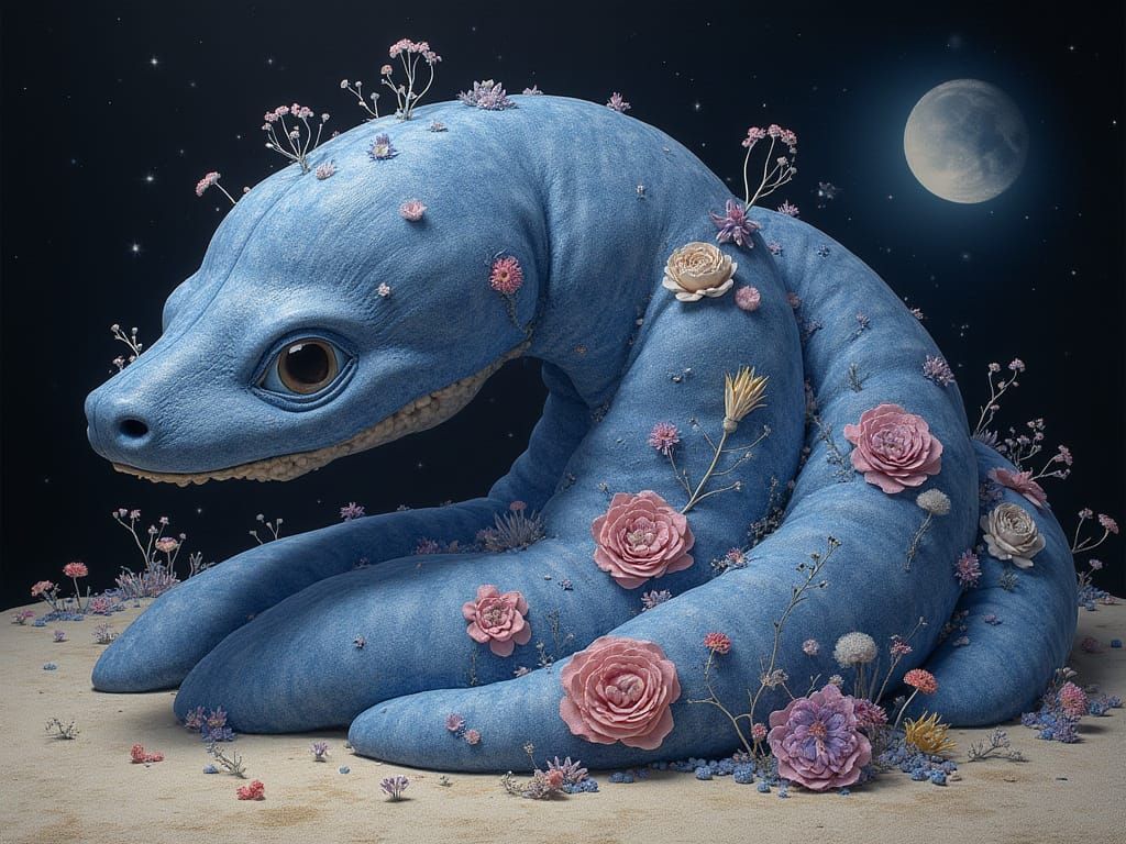 Freestanding Colossal Biolucent Denim Sandworm in Dramatic Pause Vanishing Point Trompe L'oeil