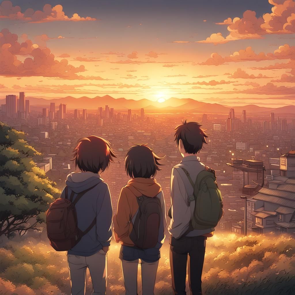 Lofi Anime Sunset: Friends Overlooking Japanese City