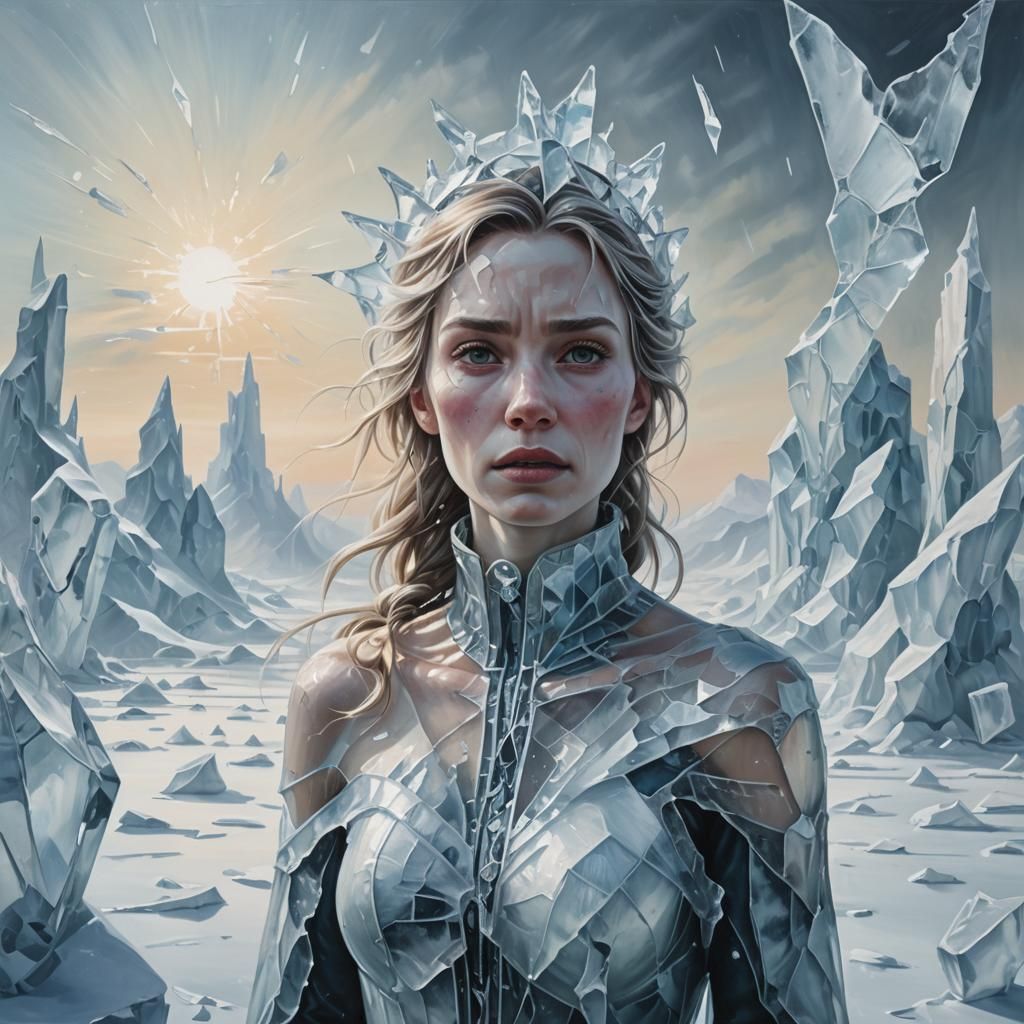 Frozen Woman in Surreal Icy Landscape