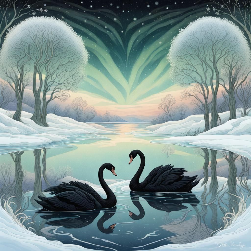Black swans on an icy river