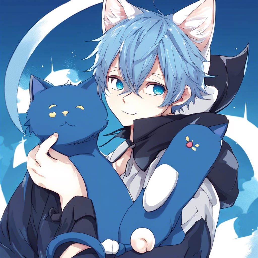 Boy with Blue Cat Features in Anime Style