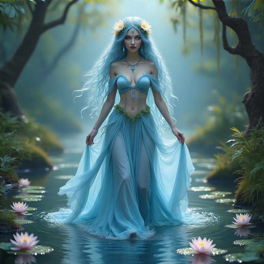 Ethereal Water Goddess in Mystical Forest