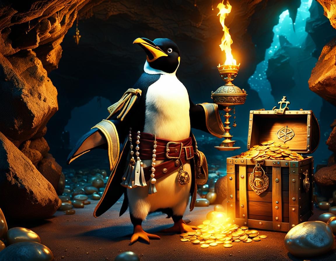 Penguin Pirate in Treasure Cave: Fantasy Concept Art