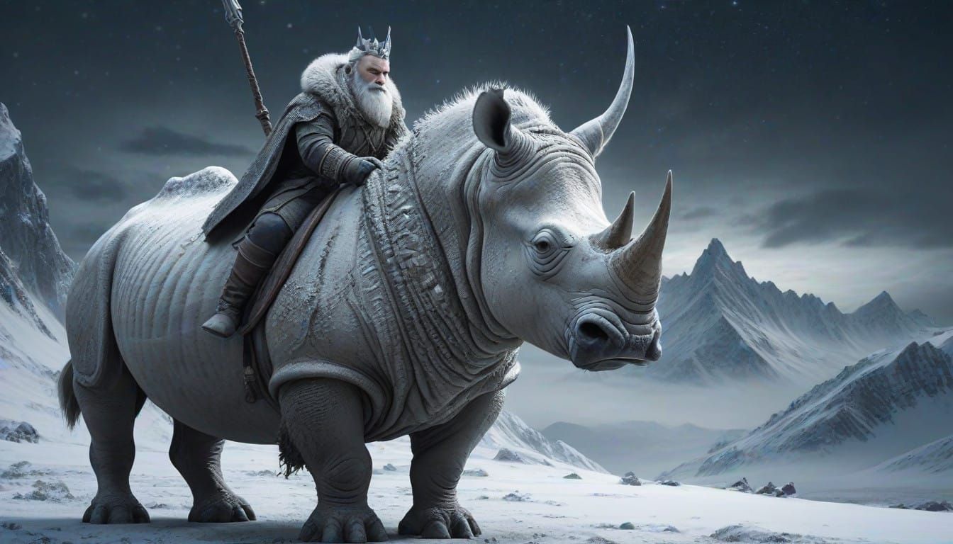 Regal Winter King Rides Frost-Covered Rhinoceros through Sno...