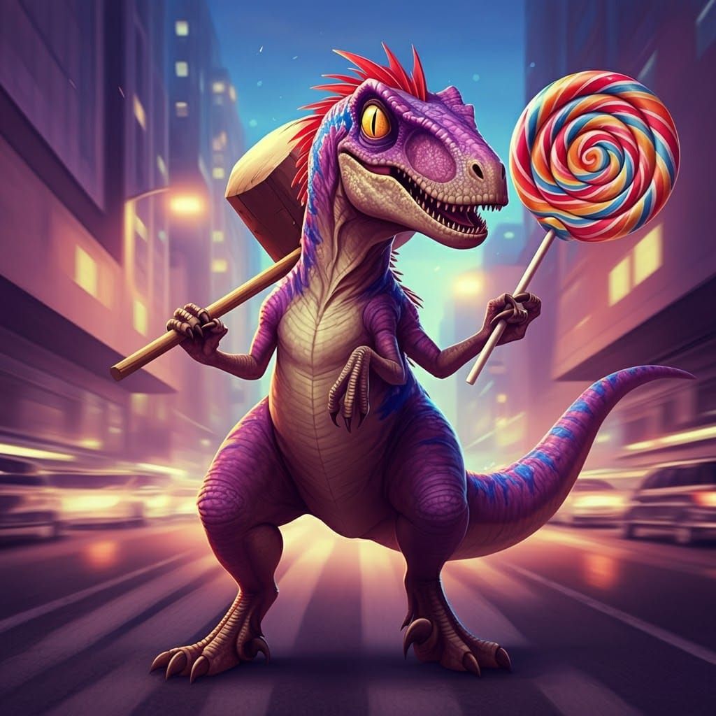 Anime Velociraptor with Hammer and Lollipop