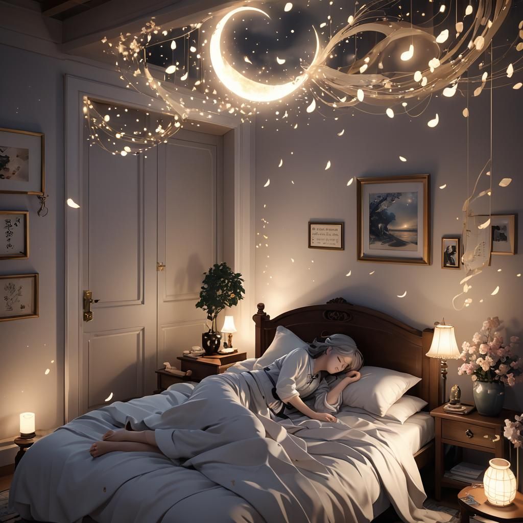 Dreamy Anime Scene: Woman Asleep with Drifting Music