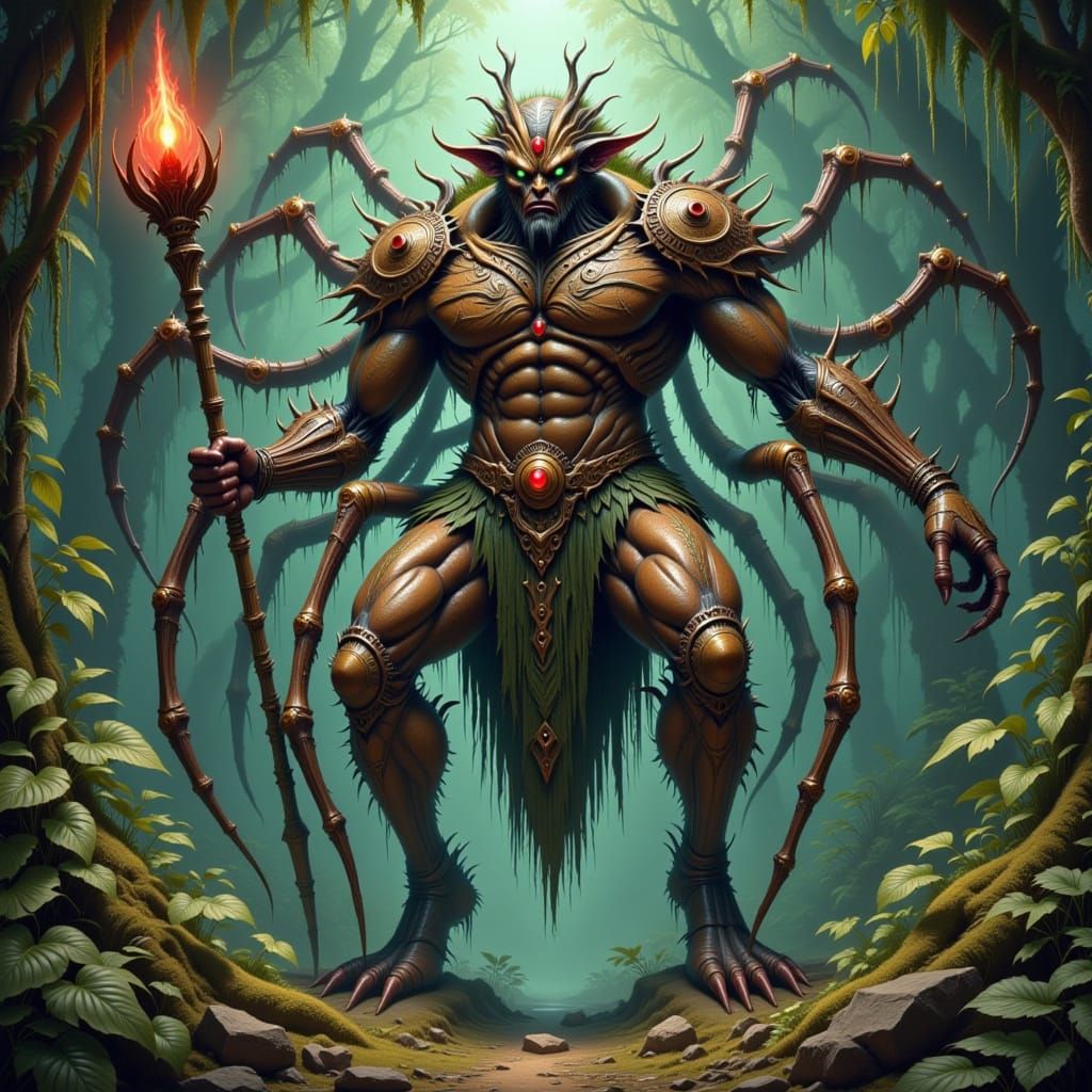Monstrous Spider God Warrior in Lush Jungle