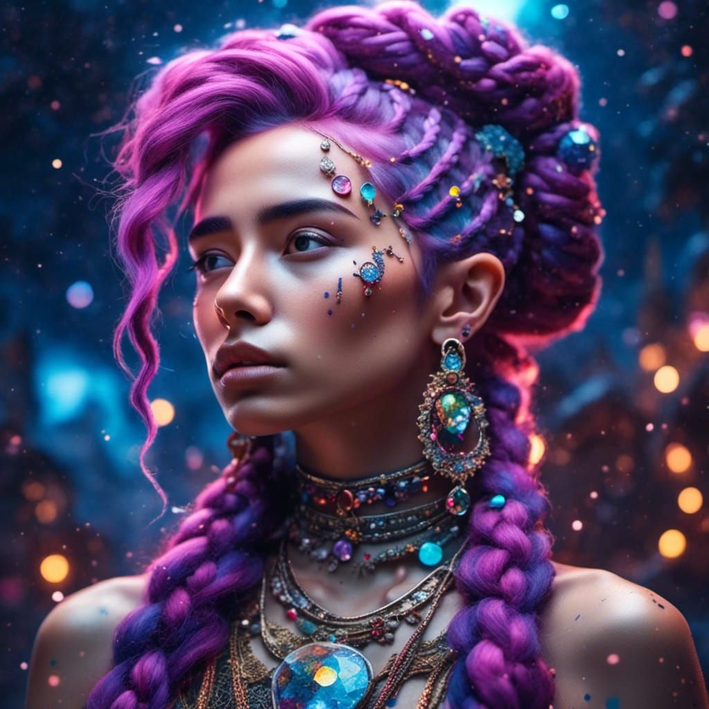 Colorful Portrait of Woman with Braided Purple Hair