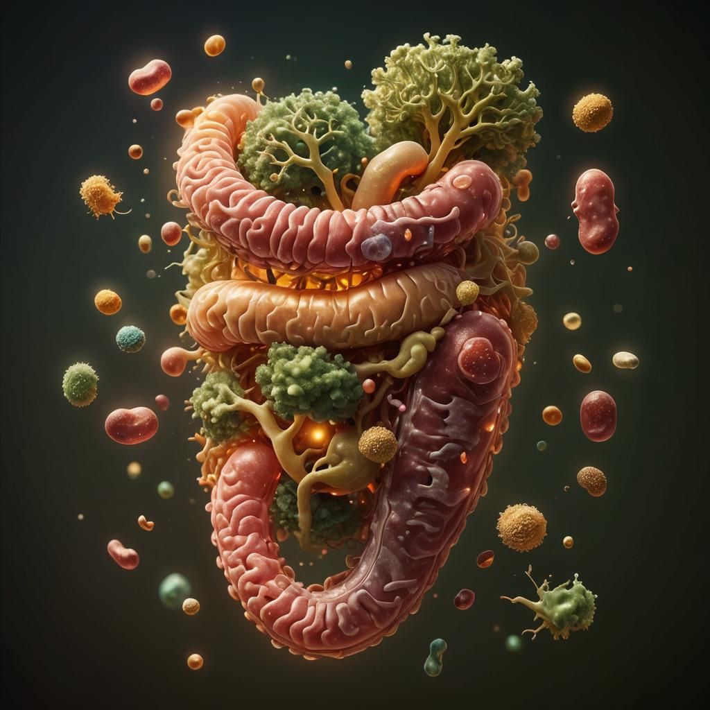 Abstract Anatomy: Glowing Probiotic Bacteria in Stylized Gut