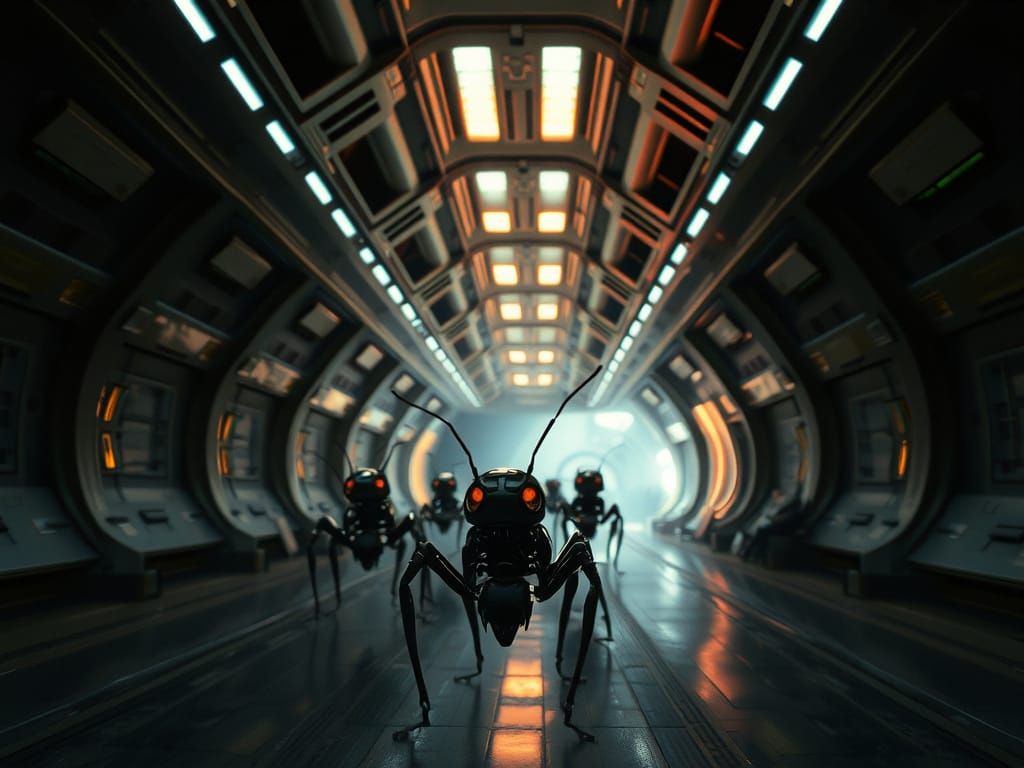 Robot Ants Invade Spaceship Corridor in Film Still